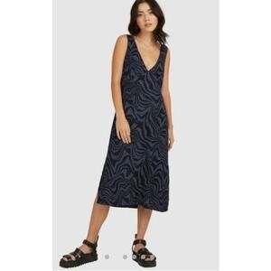 RVCA Womens Strata Kim Midi Dress XL Black Blue V Neck Side Slit Viscose